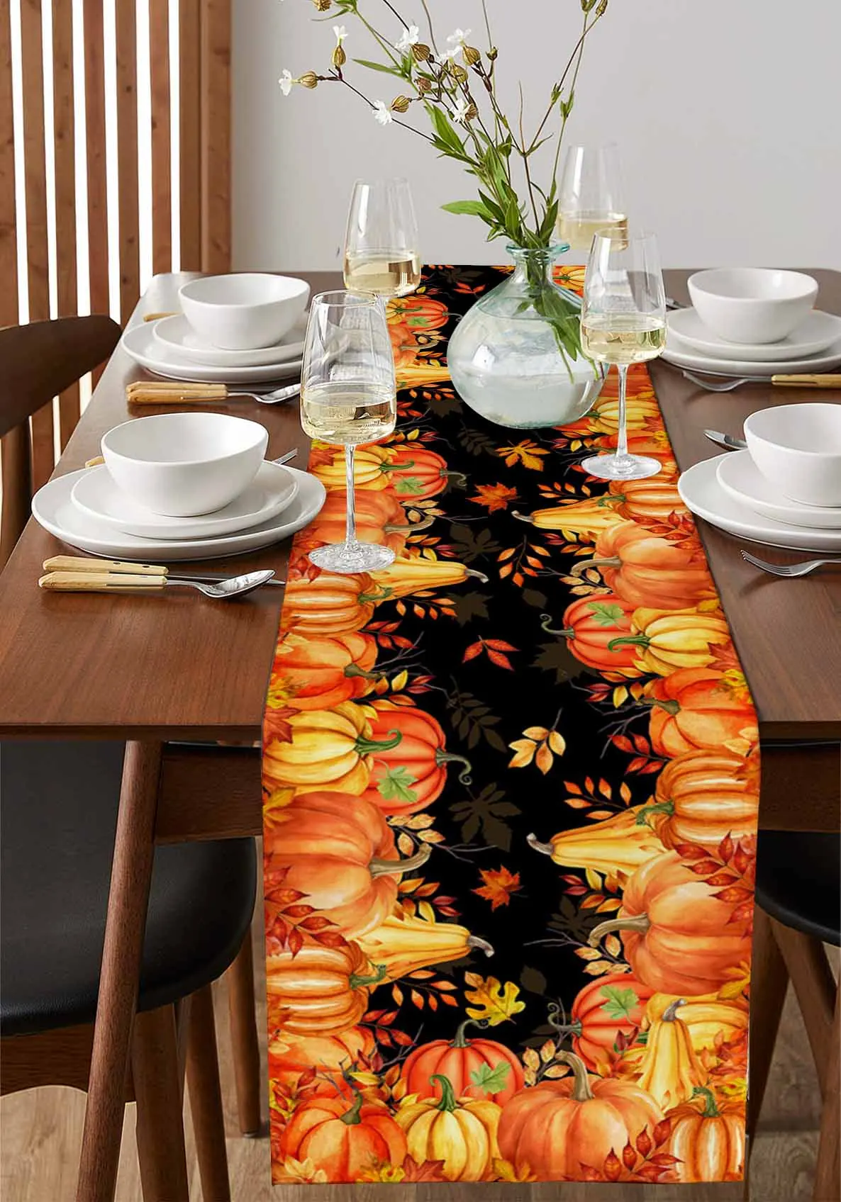 

Винтажная черная тыква с опалеными листьями, украшения для дома, декор журнального столика, скатерть, кухонная декоративная дорожка для стола