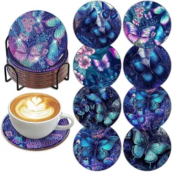8PCS BIY Blue Butterfly Diamond Paintings Coasters Lollipop Cat Snowflake Diamond Art Coasters Kit Christmas Halloween DecorGift