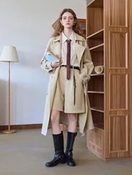 FSLE Office Lady Khaki Trench 2025 Spring Medium Long Women Loose Trench Coats Casual Double Breasted Coat With Sashes 25FS11068