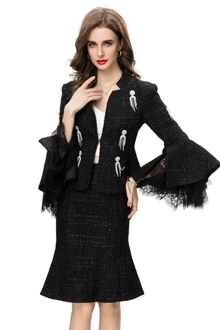 Autumn Fashion Designer Black Vintage Skirt Set Women's Flare Sleeve Beading Slim Coats+Mini Mermaid Skirt 2 Pieces Set