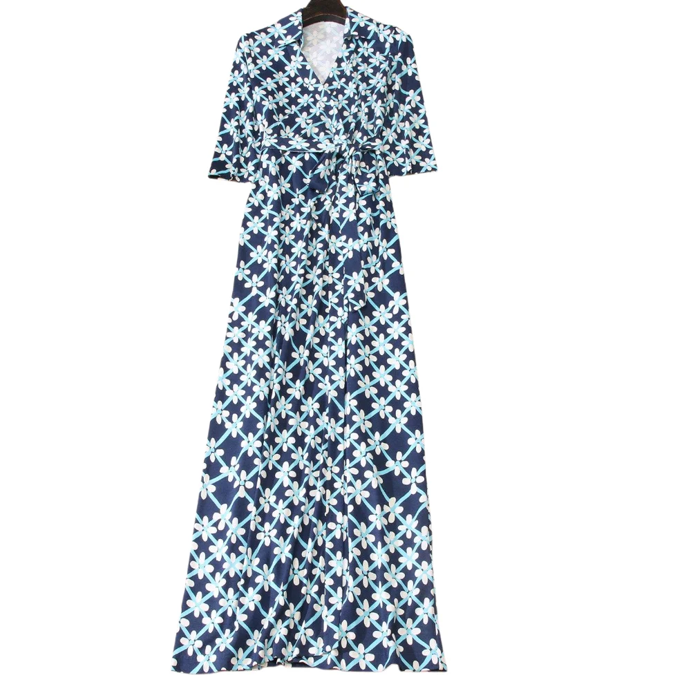Original D Boutique Blue Floral Printed Knitted Mulberry  Silk 3/4 Sleeves Maxi Wrap Dress US-10