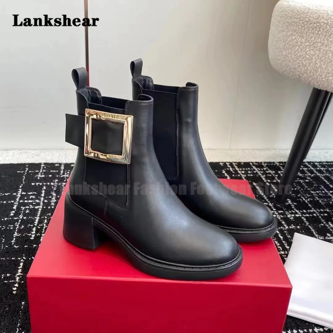 Patent Leather Diamond Square Buckle Chelsea Boots Chunky Heels New High-Heeled Boots British Style Ankle Boots for Women