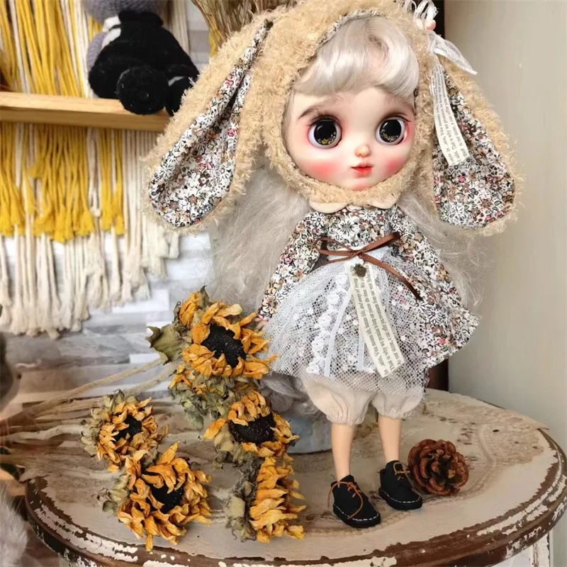 Vestido de falda de muñeca hecho a mano con orejas grandes, sombrero de conejo, vestido con estampado Floral para muñeca Blythes Ymy Licca Azones Ob24 Ob27 Fr