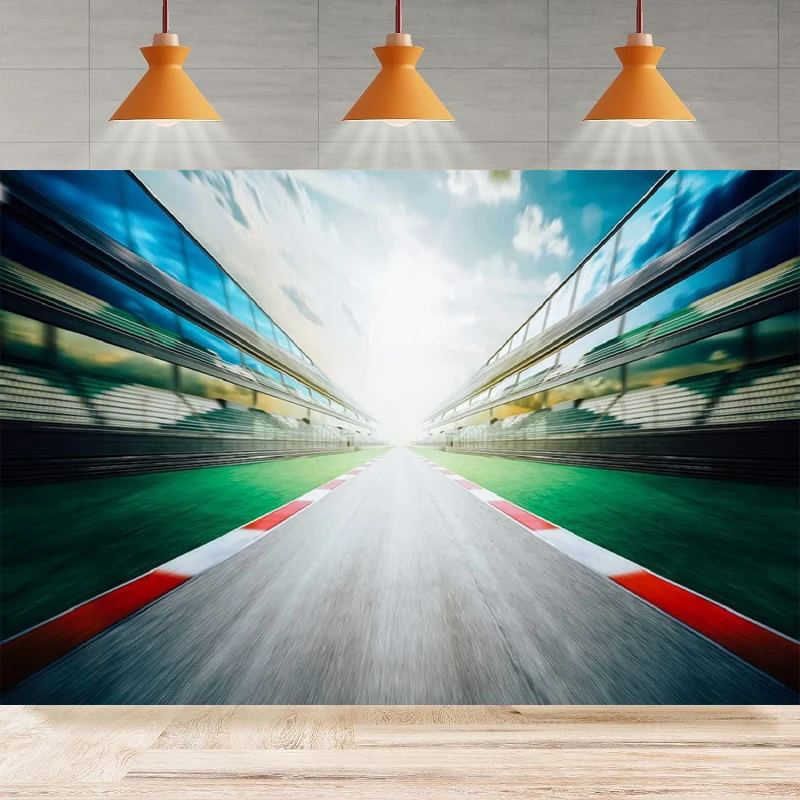 Racing Car Race Track Photography Backdrop Audience Stand Strong Light Background Game Birthday Home Party Backdrop Wall Banner