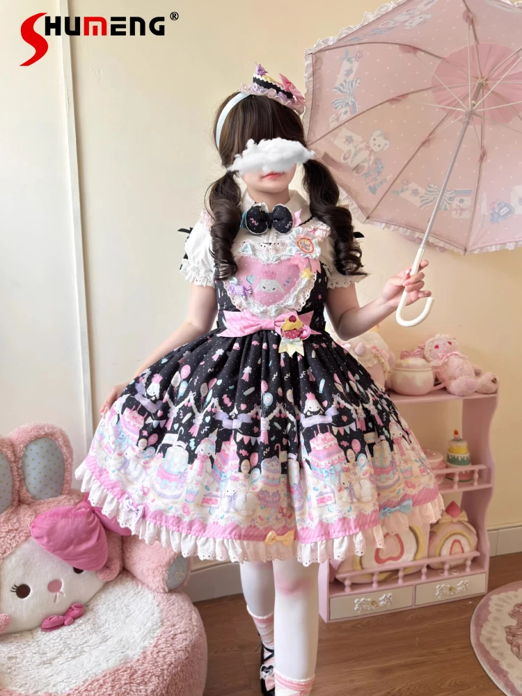 

Original Japanese Sweet Cute Princess Lolita Dress Kawaii Printed Bow Heart Spliced High Waist A-line Versatile JSK Dress Women