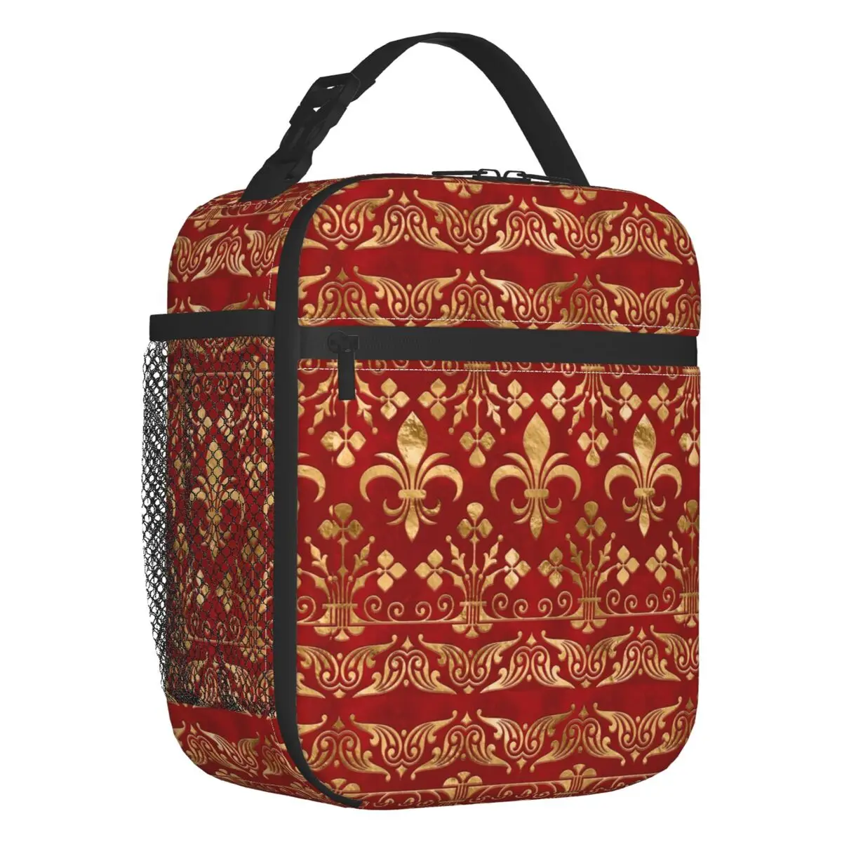 Retro Fleur De Lis Ornament Luxury Red Insulated Lunch Bag  Royalty Lily Flower Petals Resuable Cooler Thermal Lunch Box