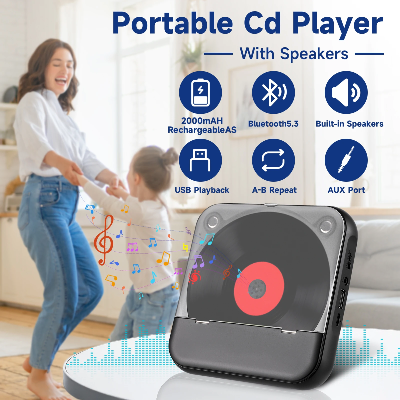 Portable CD Player With Bluetooth 5.3 Rechargeable Walkman Built-in HiFi Speaker Headphone LCD Screen Supports CD/AUX/USB Repeat