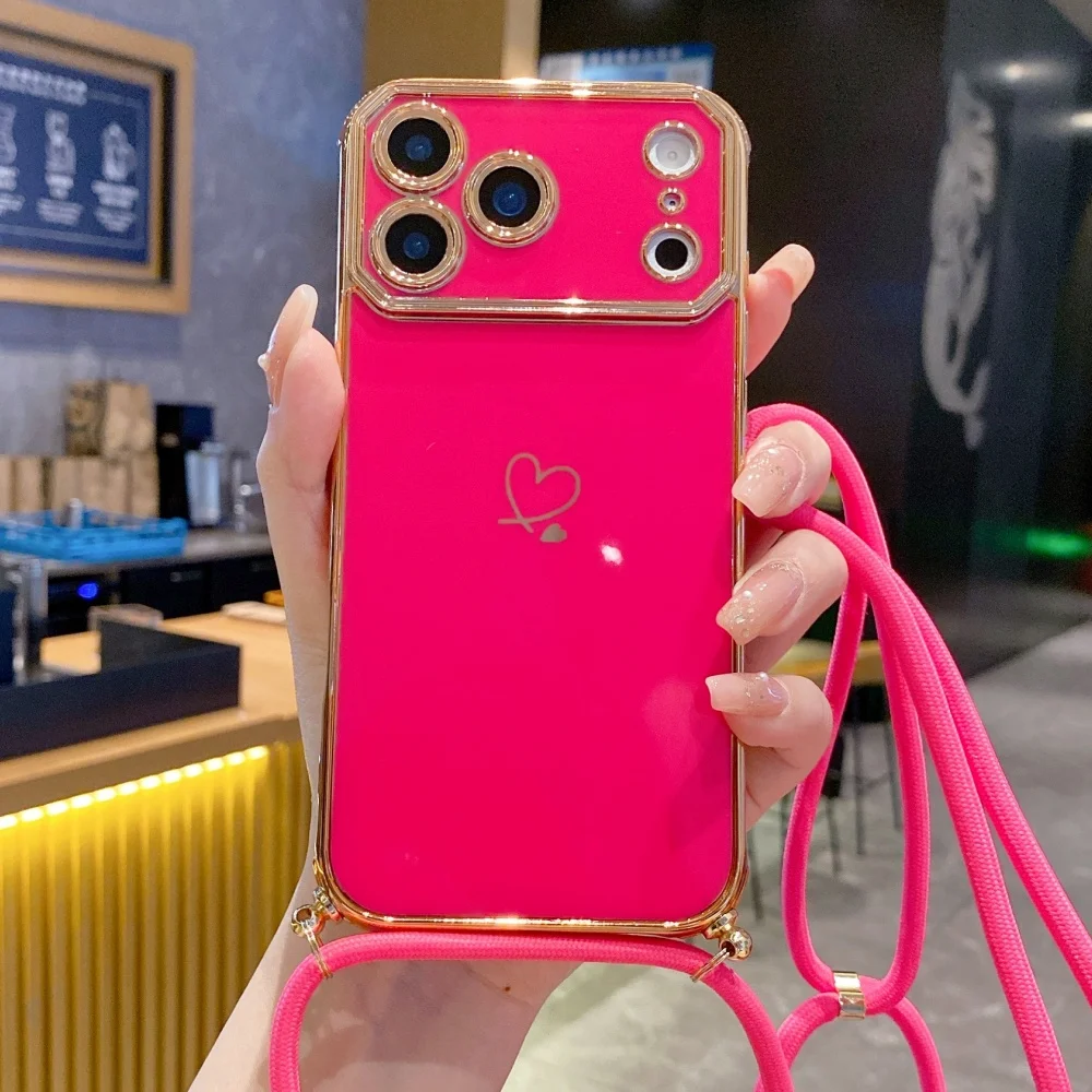 Crossbody-Halsband-Schultergurt-Hülle für iPhone 18 17 Pro Max 16 13 15 14 Plus, vergoldetes Herz, weiche Silikonhülle – Detail 10