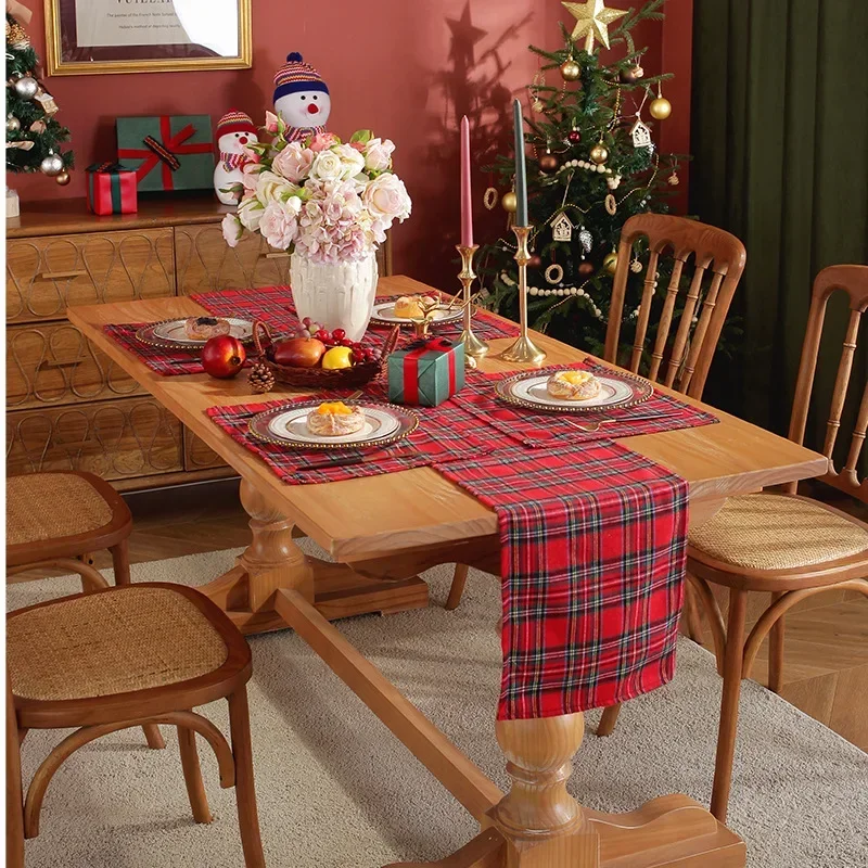 

Modern New Christmas Table Path Double-deck Party Decoration Rectangular Polyester Cotton Plaid Striped Check Xmas Table Runner