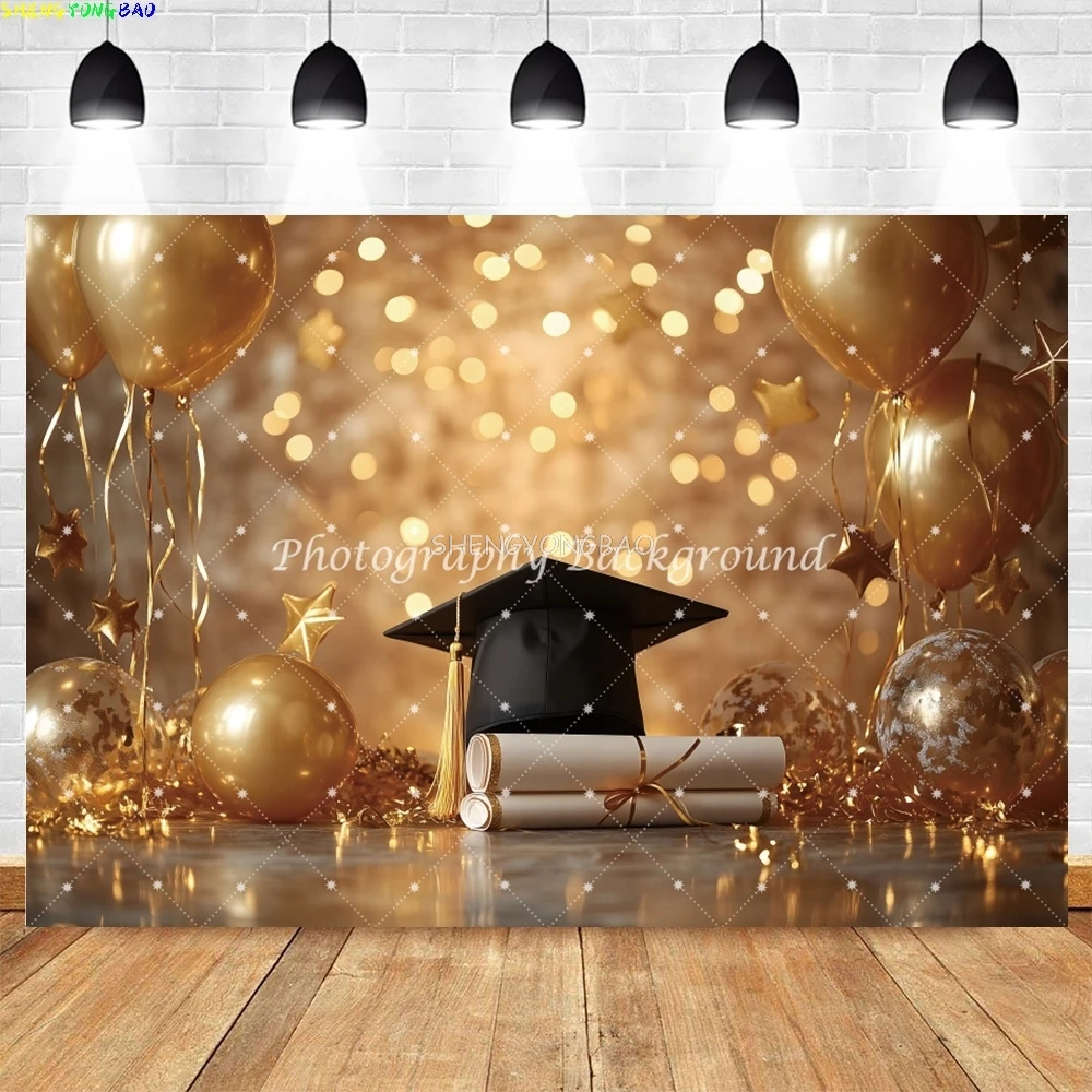 

Graduation Backdrop Photography Celebrate Graduation Party Background Masters Cap Golden Balloons Portrait Photographic Decors