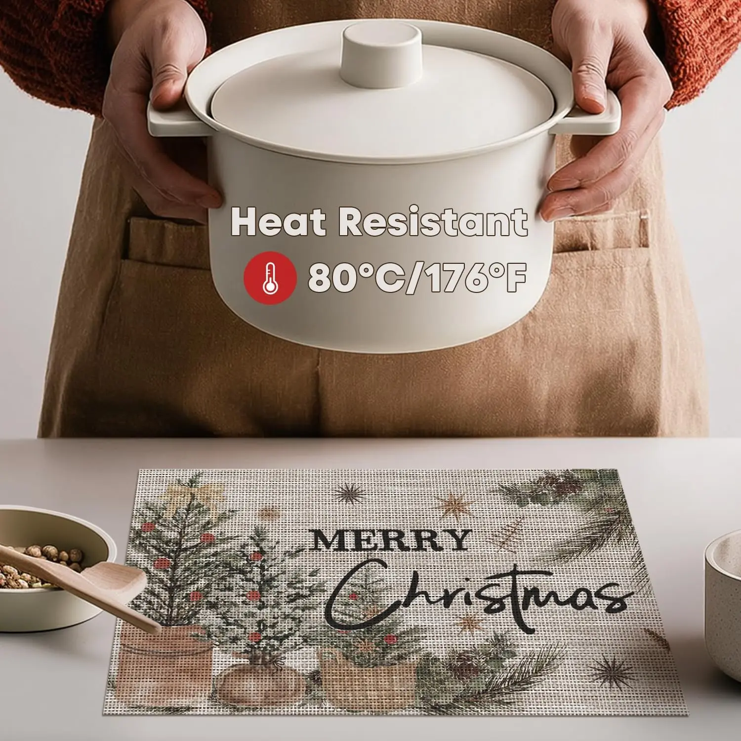 أشجار عيد الميلاد هولي الصنوبر المخروط الفينيل عيد الميلاد المفارش مجموعة من 4 قابل للغسل البلاستيك عدم الانزلاق المنسوجة الشتاء الجدول الحصير للحزب المطبخ #3