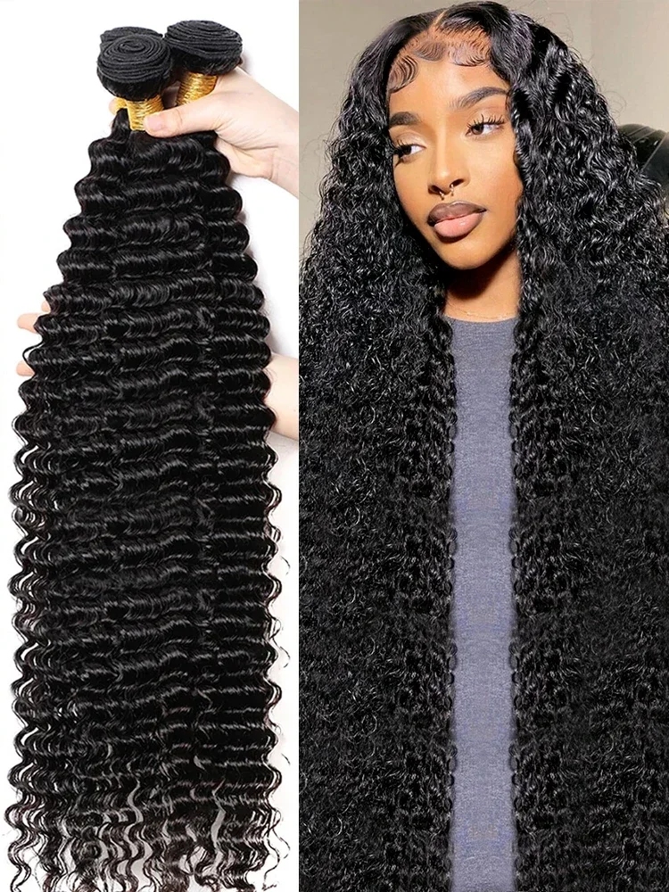 Deep Wave Human Hair Bundles 30 inch Malaysian Raw Hair Weave Bundles Sew In Hair Extensions 3 4 Bundles Curly Virgin Hair Weft