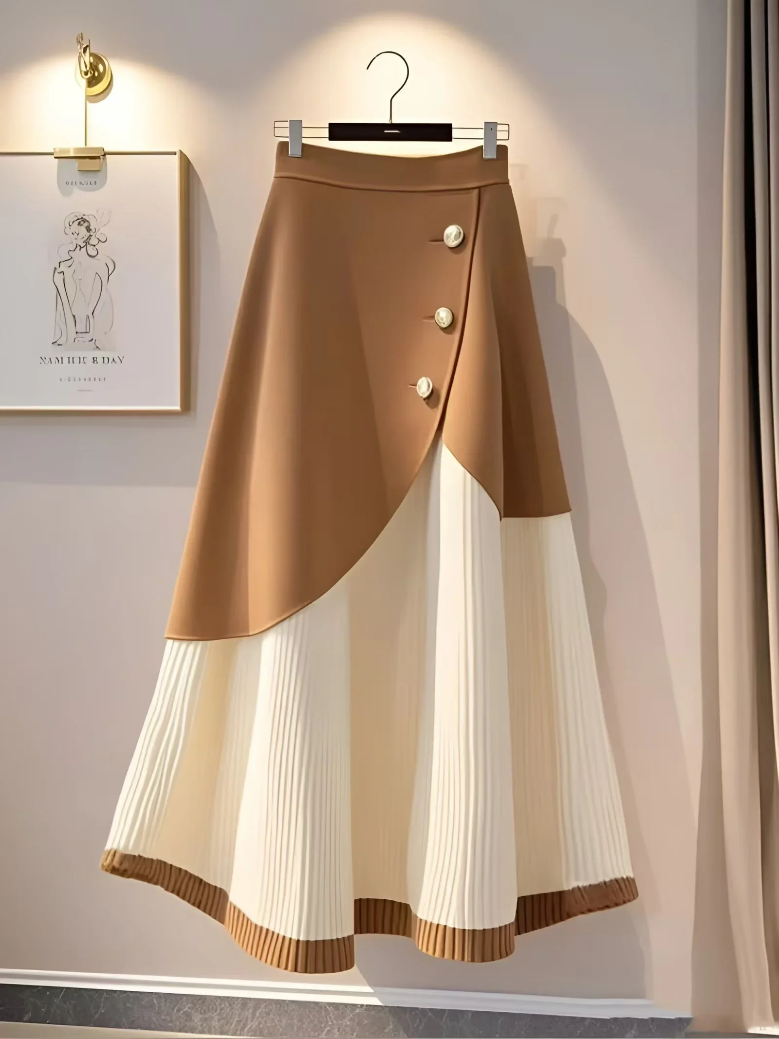 

2025 Winter Khaki Knitted High Waist A Line Half Skirt for Women Korean Fashion Splicing Button Trendy