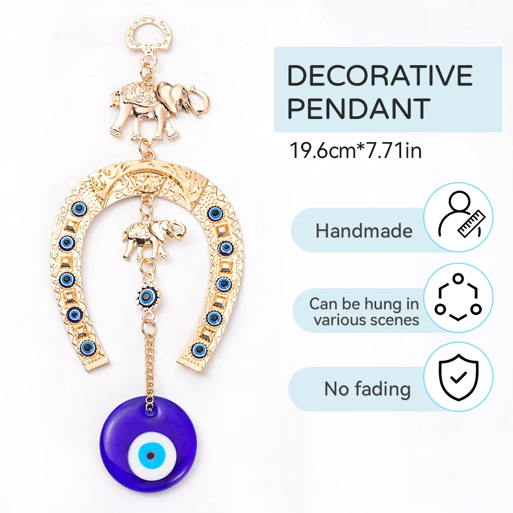 Turkish Blue Glass Eye Amulet Horseshoe With Elephant Ribbon Ethnic Wall Hanging Lucky Pendants Wind Chimes Home Car Decoration