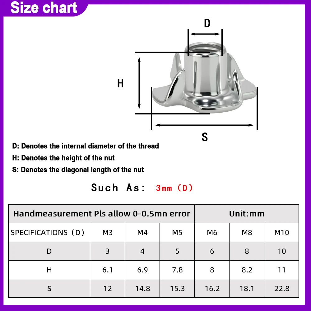 304 Stainless Steel Four-Claw T Nuts Blind Tee Nuts Prongs for Speaker & Furniture  Four-Point 20pcs/10pcs M4 M5 M6 M8 M10