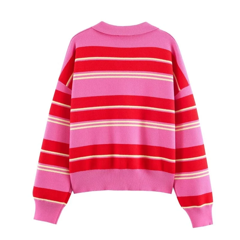 2026 Pink Red Striped Polo Knit Pullover - Women's Turn Down Collar Long Sleeve Loose Top, Spring Autumn Casual Wear for Daily