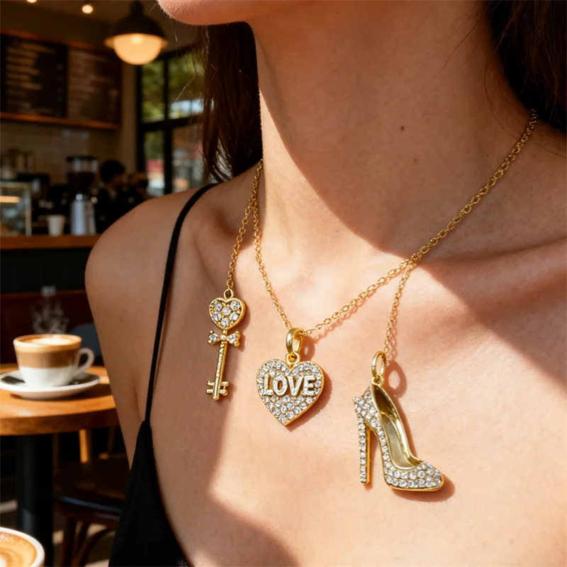 

2Pcs Pendants for Diy Jewelry Necklace Making Brass Cubic Zirconia High Heel LOVE Key Shapes Parts Charms Accessories