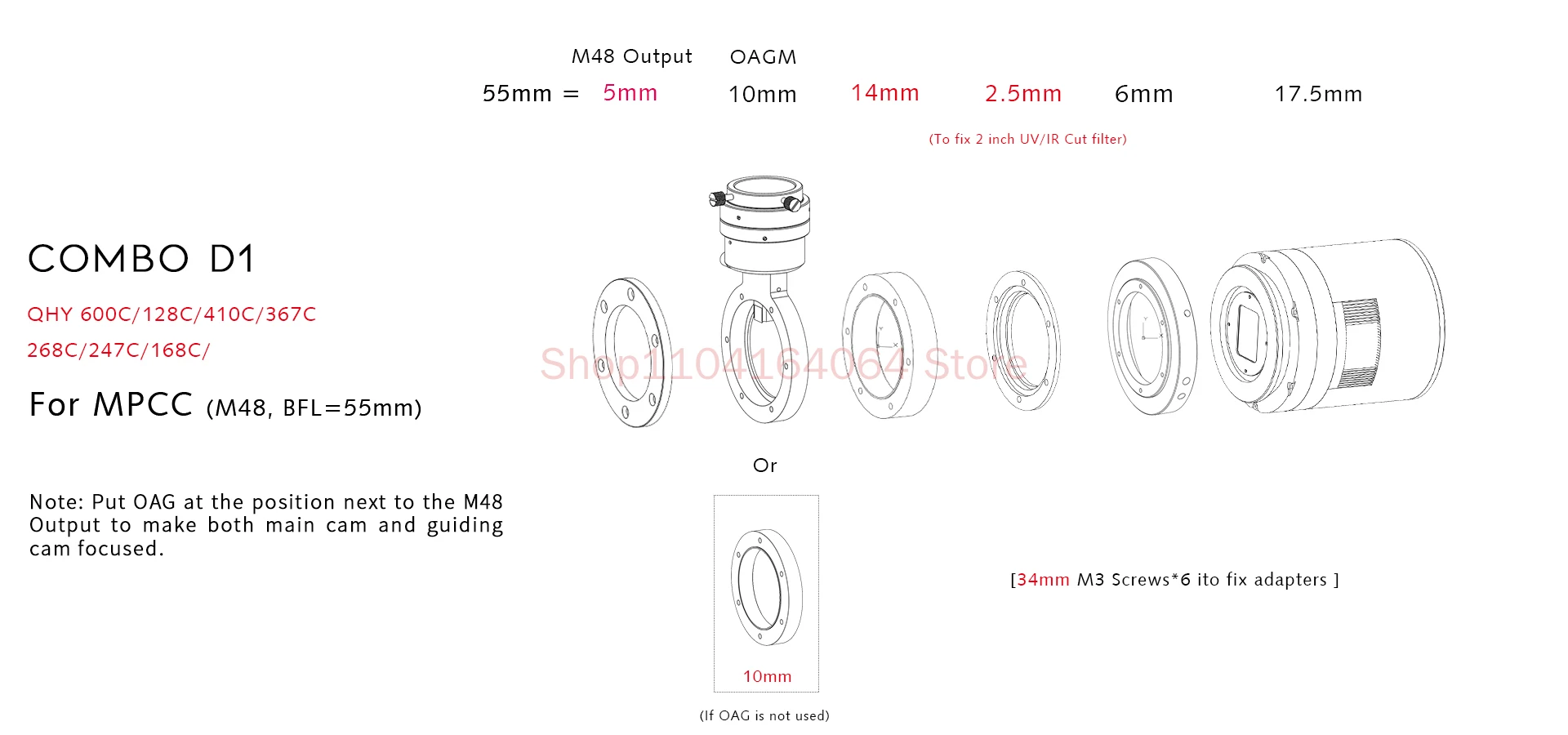 QHYCCD Set Adapter Ring D1 Connection 55mm Correction Lens Suitable for QHY247C and Other Color Cameras