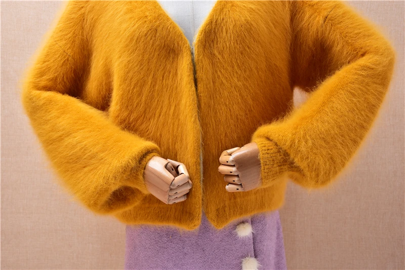 สุภาพสตรีผู้หญิงฤดูใบไม้ร่วงฤดูหนาวเสื้อผ้า Hairy Mink Cashmere ถักยาวโคมไฟแขน V คอหลวม Cardigans Mantle เสื้อกันหนาว Coat