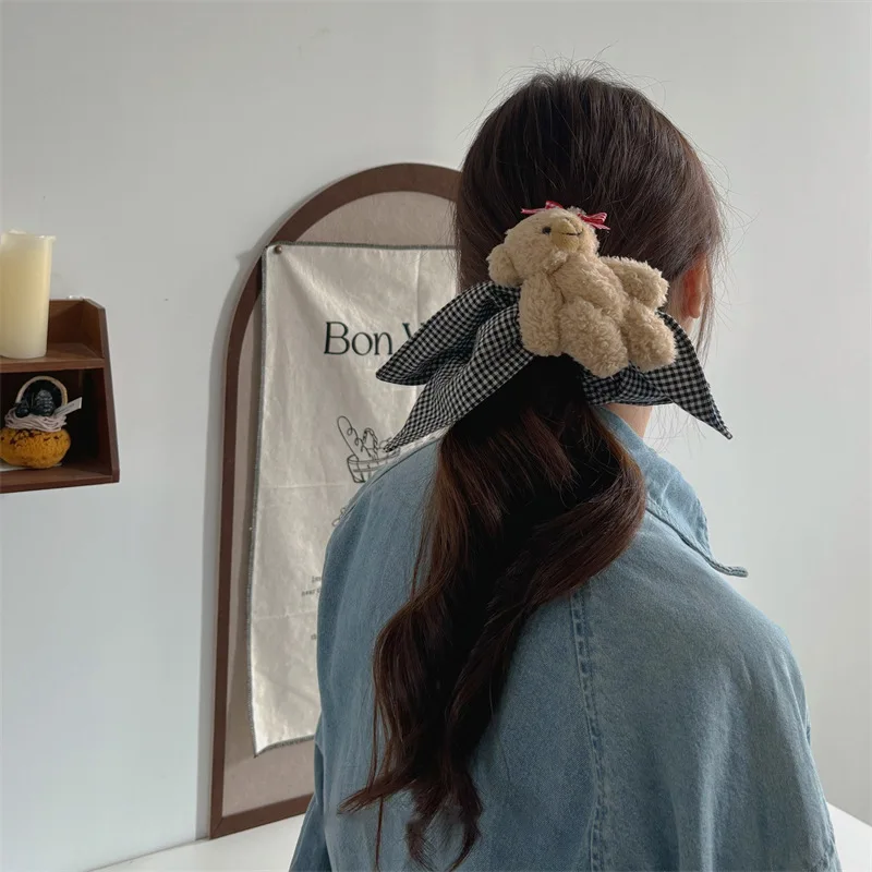 Korea Cartoon Plush Bear Checkered Rabbit Scrunchies Hair Bands 2024 Latest Winter Cartoon Animal Hair Accessories Rubber Bands