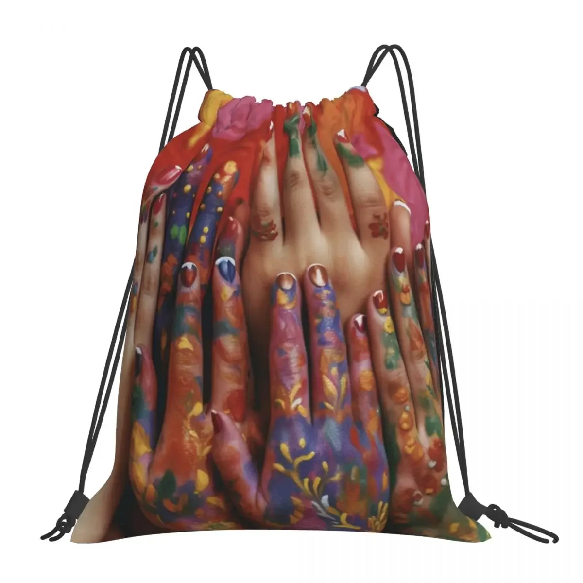 Hands With Colorful Paint - 3 Backpack Fashion Portable Drawstring Bags Drawstring Bundle Pocket Sundries Bag BookBag For Travel