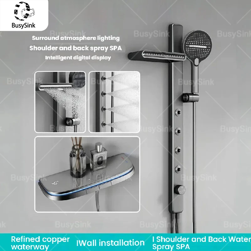 

Клавиши для фортепиано в ванной комнате, душевая система с распылителем для талии, многофункциональное окружающее освещение, разделенный душевой набор под давлением