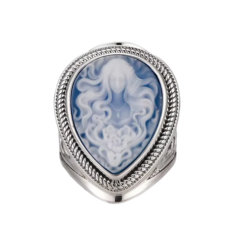 BOCAI S925 Sterling Silver Charms Rings for Women New Fashion Ancient Beauty God Waterdrop Shaped Shell Agate Relief Jewelry