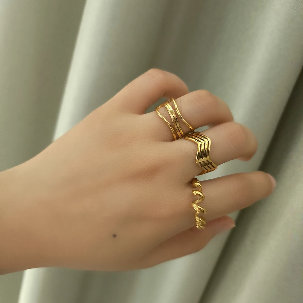 JINHUI Geometric Hollow Stainless Steel Ring for Women Three Link High Quality Finger Ring Jewelry Gift