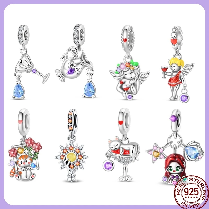 925 Sterling Silver Fashion Whale Guardian Wing Drunk Angel Charms Beads Fit DIY Bracelets For Women Birthday Fine Jewelry Gift