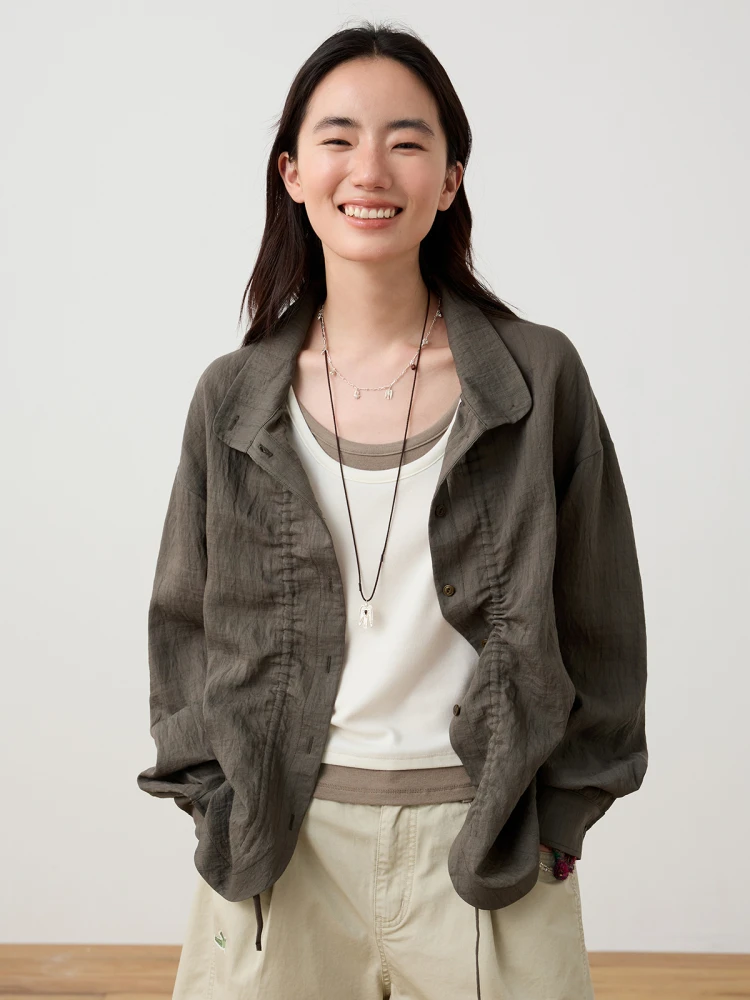 

Octopusme Women's Dstring irt Thin Linen Outerwear Design Sensation Casual Loose Fit Long Sve Striped Button up