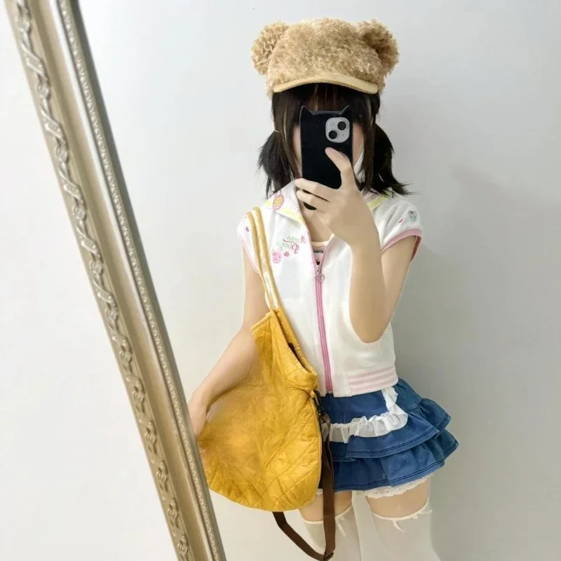 اليابانية Kawaii مقنعين تي شيرت المرأة عادية Y2k المحاصيل القمم لطيف الكرتون تيز Y2k الجمالية الجرونج سستة عادية ​ بلوزات