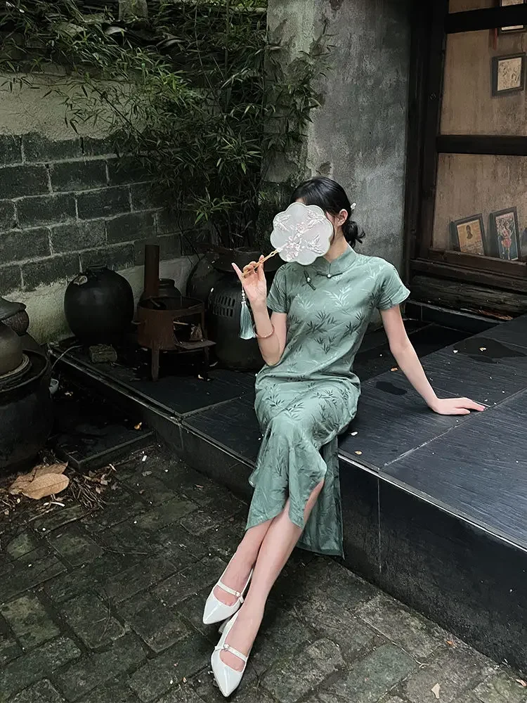 

Платье Cheongsam, современное женское платье Ципао с бамбуковым принтом, новое длинное элегантное платье в китайском стиле, милое зеленое китайское платье, женское