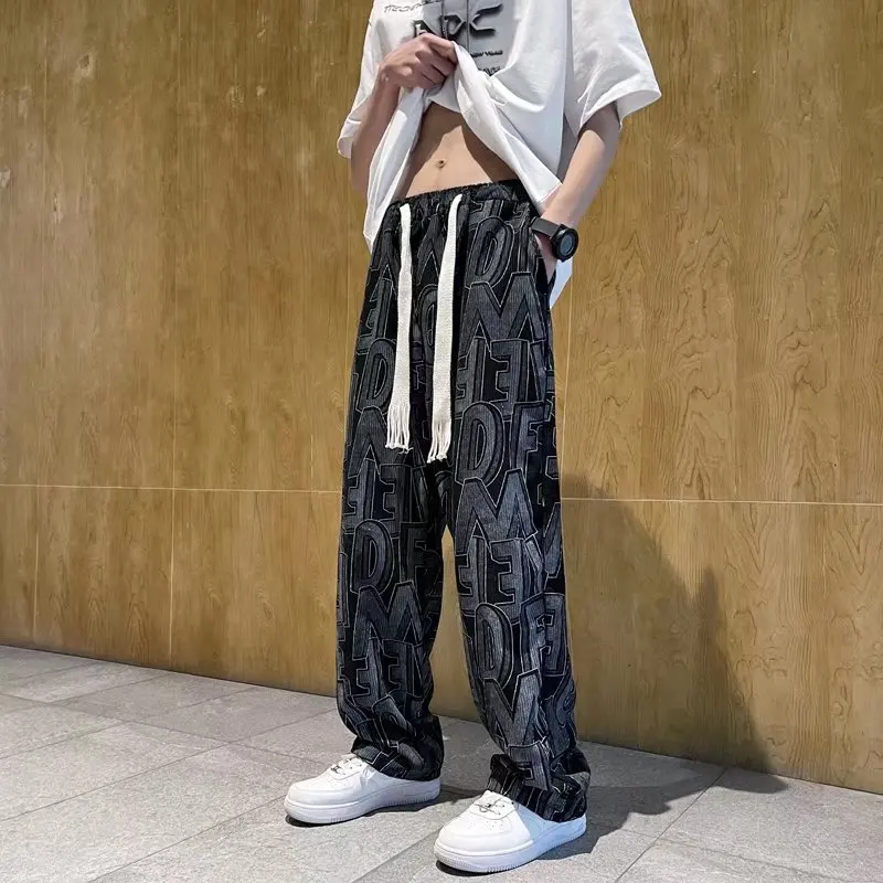 

High street corduroy casual pants with men's letters fully printed, spring autumn thin pants, retro loose straight leg pants