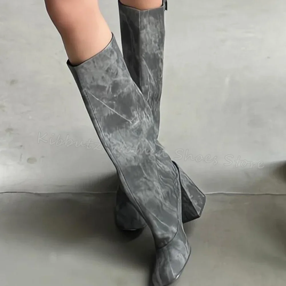 

Color Gradient Knee High Boots Round Toe Chunky Heels Slip-On Genuine Leather Fashion Elegant Sexy Concise Party Women Shoes New