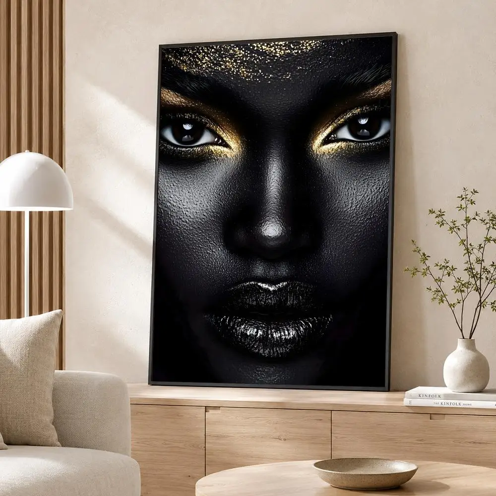 Art Black Skin Woman Golden Makeup Poster Poster Wall Sticker Waterproof Self Adhesive HD Art  Bedroom Bar Decor