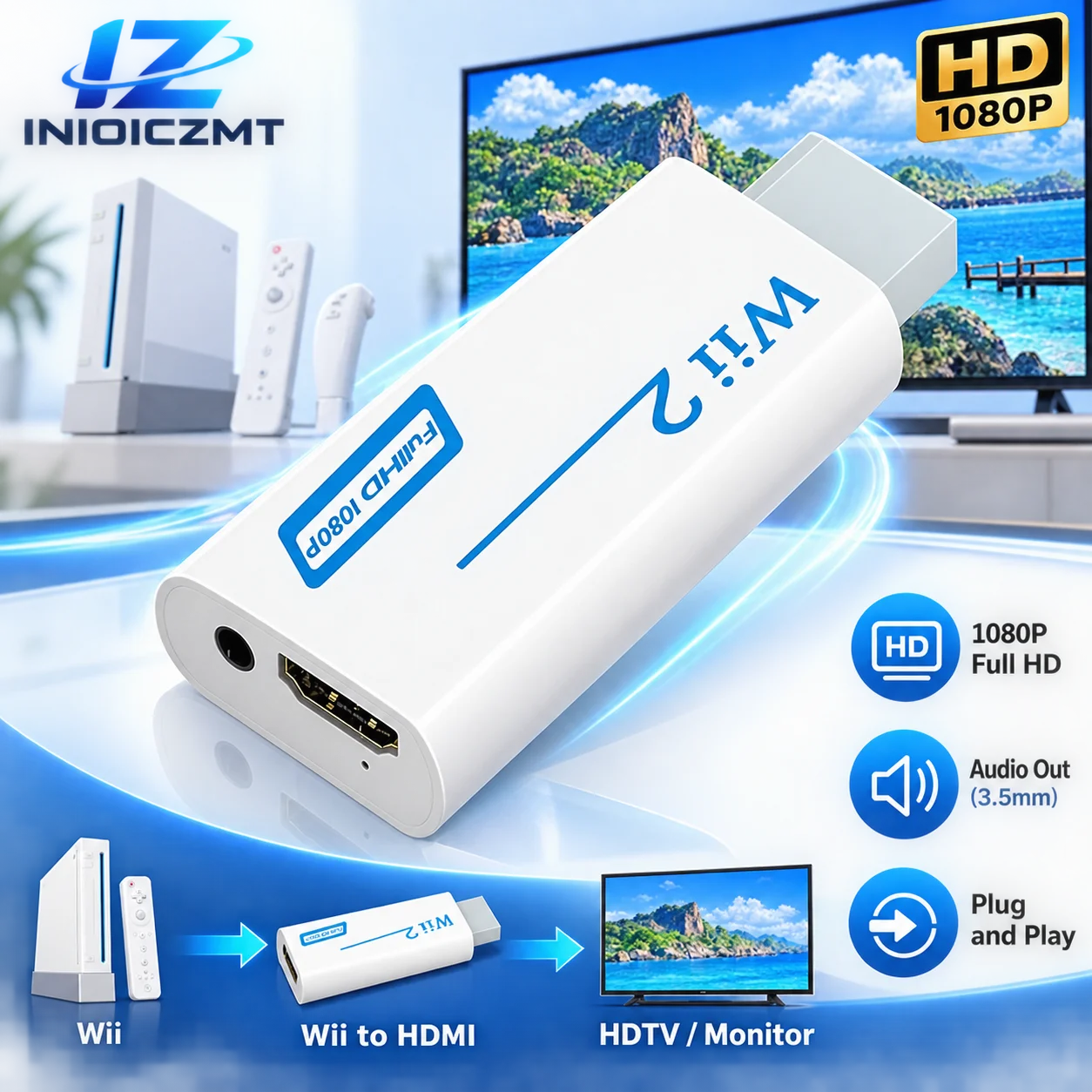 Full HD 1080P HDMI-Compatible Converter Adapter for Wii Console for Wii 2 HDMI 3.5mm Audio Cable for PC HDTV Monitor Display