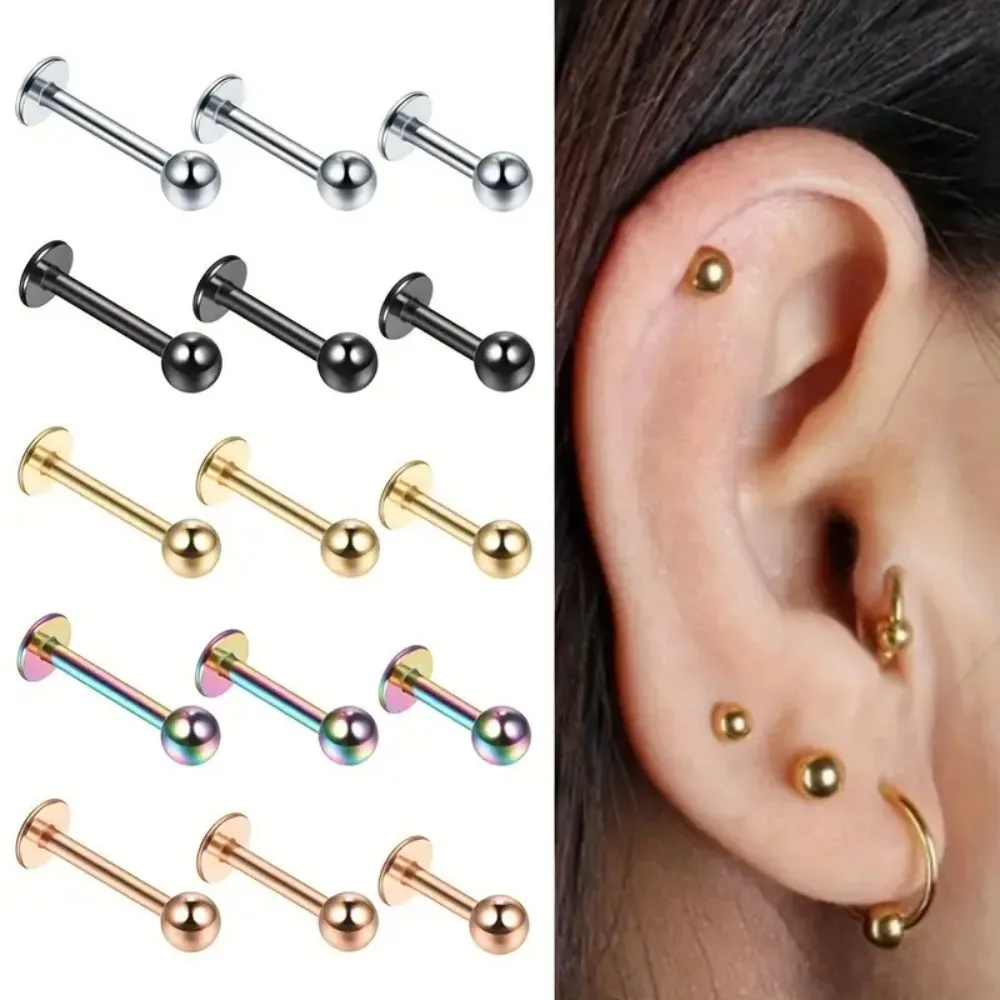 Y2K 10pcs Set Stainless Steel 16G Labret Lip Studs Spiral Ball Ear Screens Simple Style Body Piercing Jewelry6/8/10mm Daily Wear