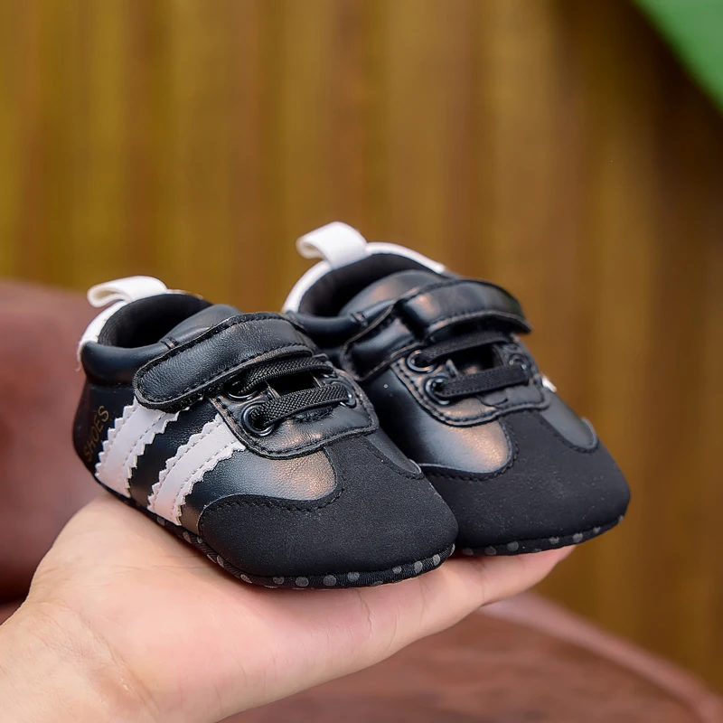 Frühlings- und Herbst-Babyschuhe, farblich abgesetzte, gestreifte Babyschuhe mit Klettverschluss, Lauflernschuhe mit weicher Sohle für Neugeborene, 0–12 Monate, Schuhe für Jungen und Mädchen – Detail 19