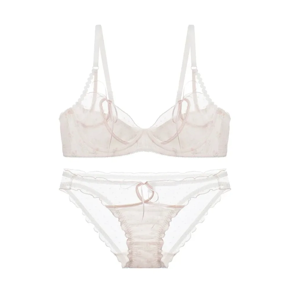 Japanese Style Lace Bra Set Hollow Out Tie Strap Minimizer Bra Ultra Thin Summer Breathable Women Underwear 2pcs Set Size 32-38