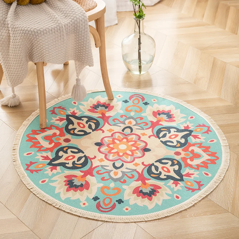 

New Fashion Round Cotton Thread Woven Floor Mat Home Living Room Coffee Table Carpet Bedroom Bedside Printing Tassel Floor Mat