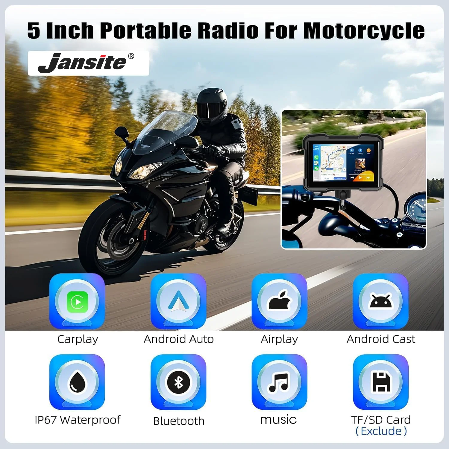 Srnubi 5 인치 무선 CarPlay 모토 안드로이드 자동 휴대용 디지털 오토바이 대시 보드 GPS 네비게이션 디스플레이 화면 TPMS 모니터