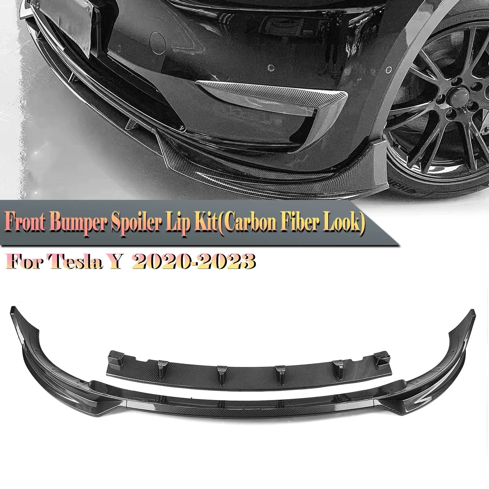 New！ For Tesla Model Y 2020 2021 2022 2023 Front Bumper Spoiler Lip Carbon Fiber Look/Gloss Black Car Lower Splitter Blade Body