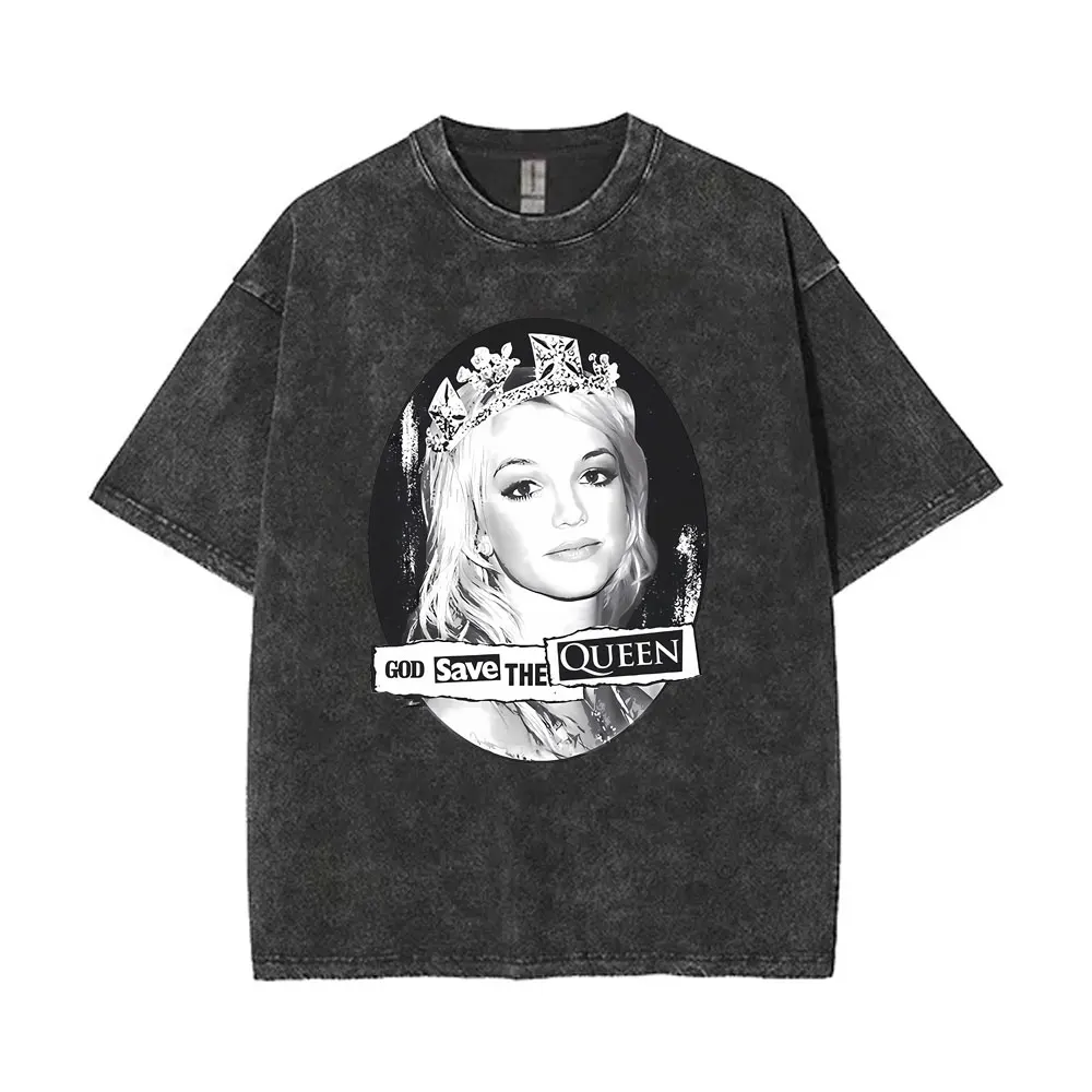 Singer Britney Spears God Save The Queen Vintage Washed Tshirt Men Women Fashion Oversized T Shirts Male Casual Cotton T-shirts