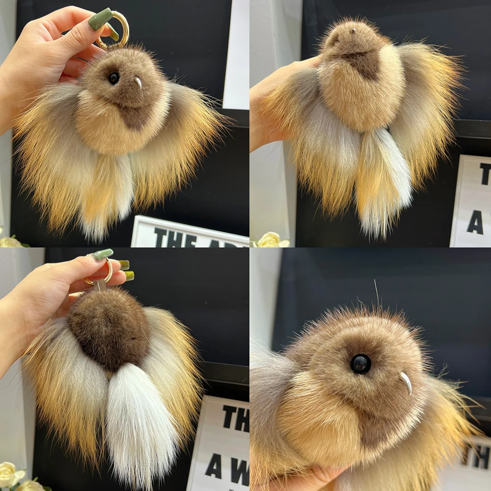 Mink Fur Keychain Men Annunciation Bird Pendant Keyring Bag Key Ornament Genuine Fur Toys Pom Pom Trinket Gifts Women