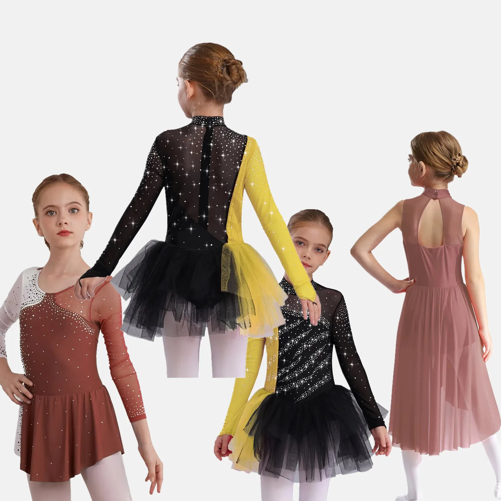 

Kids Girls Shiny Rhinestone Gymnastics Artistic Figure Skating Costume Ballet Tutu Lyrical Leotard Performance Dress Dancewear