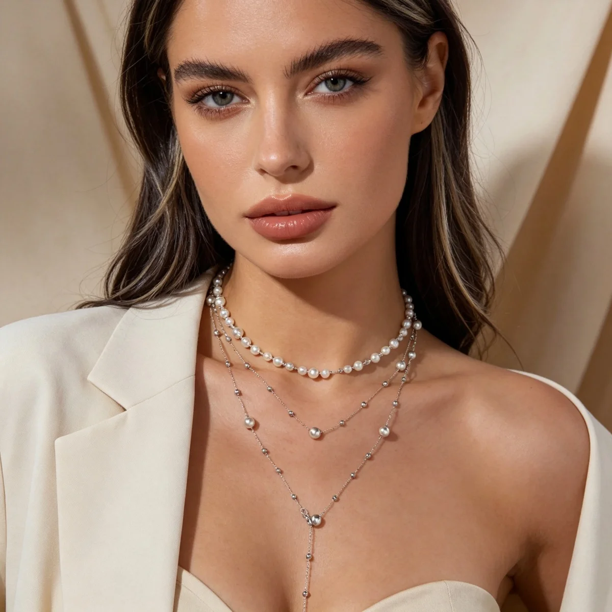Zierliche silberfarbene Perlen-Stern-Schmuckkette mit simulierten Perlen in Y-Form für Damen und Herren, doppellagiger Y-förmiger Choker, ästhetisches Geschenk-Schmuckstück. – Detail 14