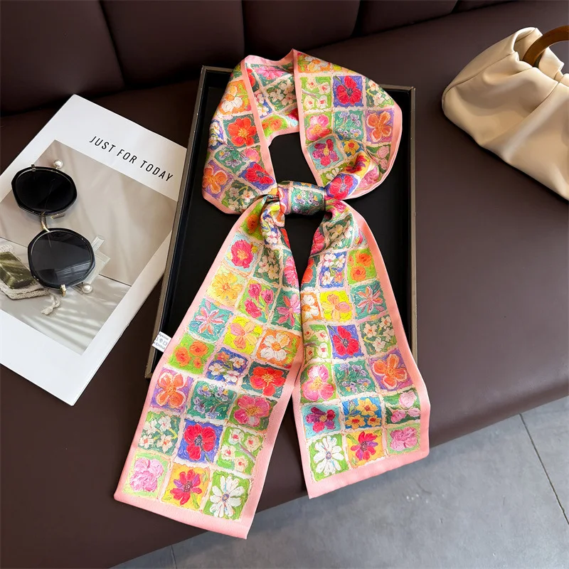 Summer Fashion Skinny Silk Scarf 145x12cm Satin Bag Ribbon Neck Foulard For Female Flower Print Hair Neckerchief Women Headband - view 3