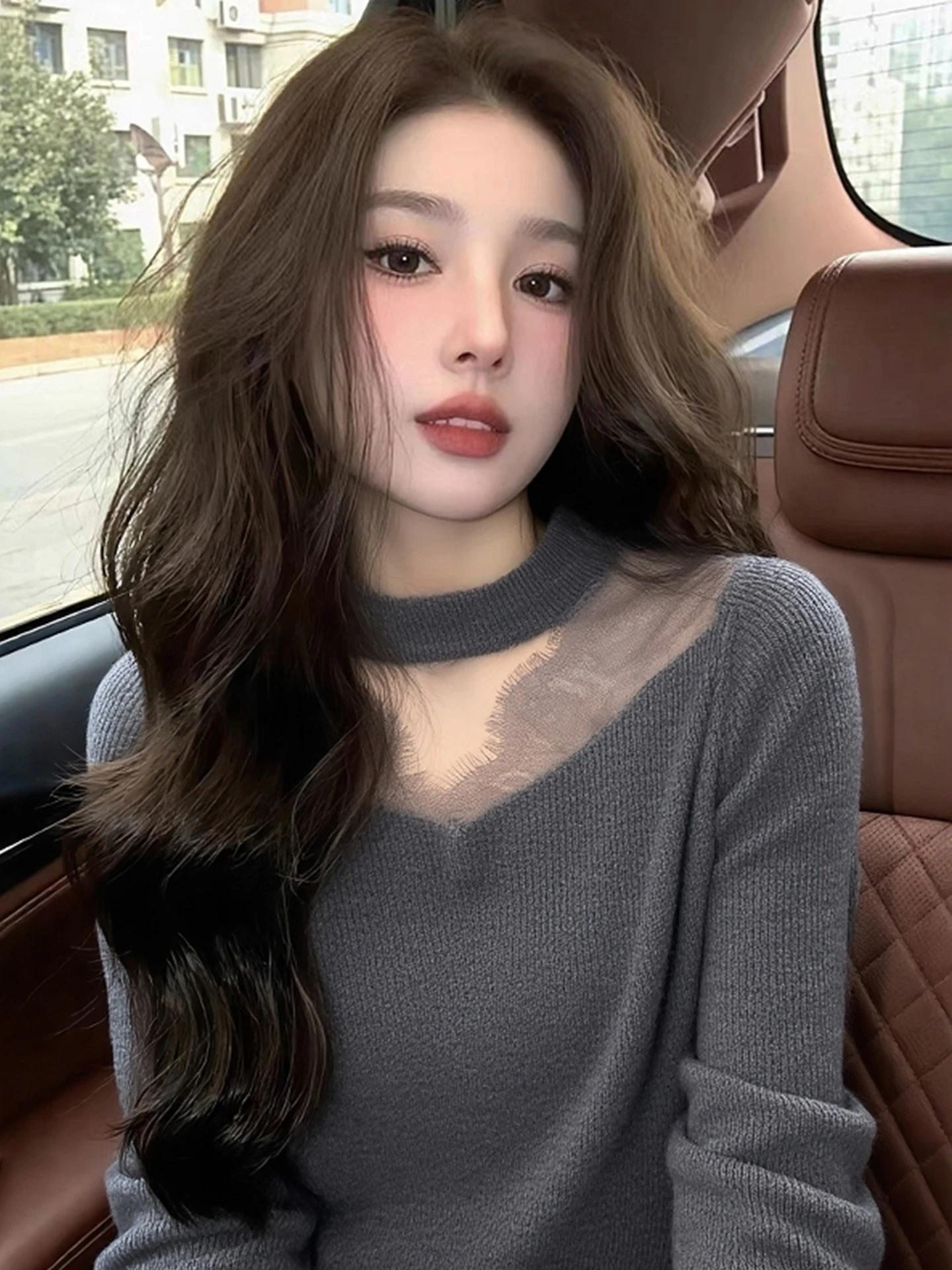 Ele Lace Splice Camere Knitted Long Sve Slim Fit Women's Top Faionable Commute Sle Winter New Arrival