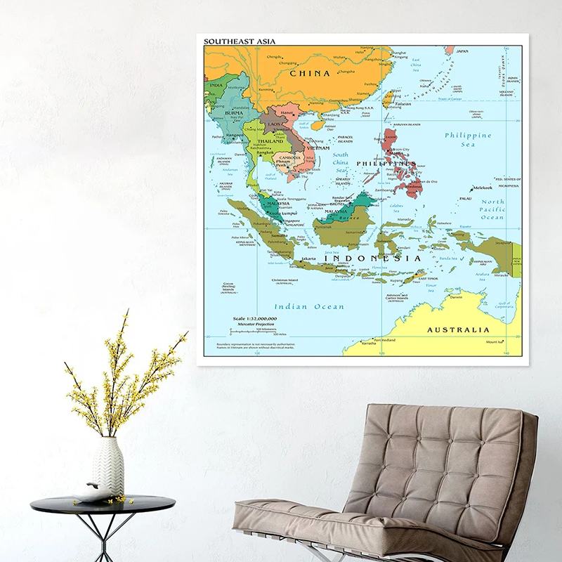150*150cm The Southeast Asia Map In English Political Distribution Map Canvas Painting Wall Art Poster and Print Home Decoration