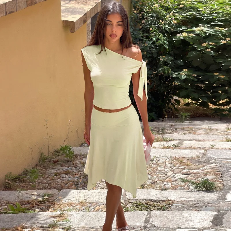 Women 2 Piece Outfit Set Off Shoulder Bow Tie Short Top Asymmetrical Midi Skirt Sets Y2K Elegant Casual Matching Two‑Piece Suit